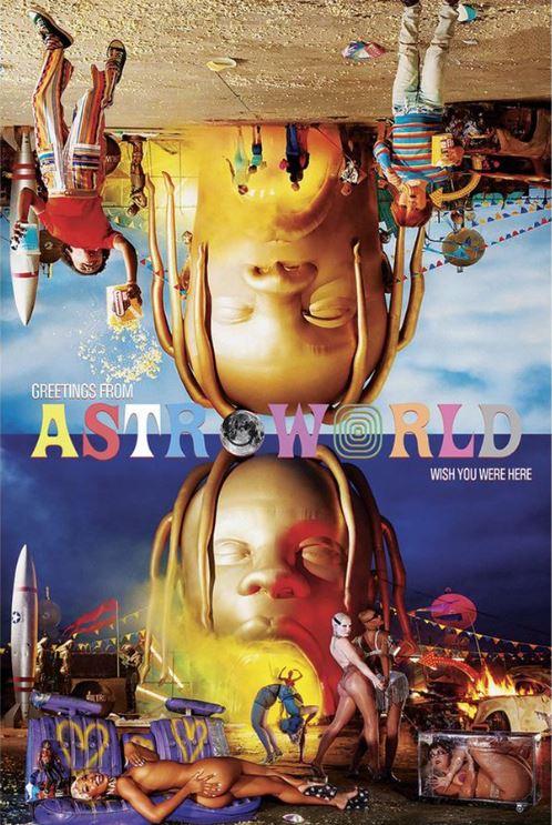 The Travis Scott - Astroworld poster by MUS showcases a vibrant, artistic scene centered around a large golden head sculpture with dreadlocks, inspired by the Astroworld album. The dynamic setting is filled with colorful carnival elements, blazing fire, festive tents, and people engaged in various activities. The text reads "Greetings from Astroworld; wish you were here." This stunning piece is a perfect addition to any music collection.