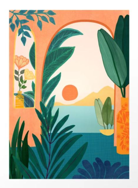 The "Tropical Evening" art print by GAL 51's Modern Tropical captures a lush archway with big tropical leaves, colorful flowers, and a serene lake against distant mountains under a sunset sky. Part of the Gallery Series, it is printed on high-quality archival paper.