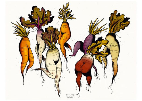 Illustration of six colorful, anthropomorphic root vegetables with leafy tops. They have varying shapes and colors, including orange, white, and purple, each with distinct expressive poses and details. Label at bottom reads "Turnip the Beet by Ceci Tattoos." Part of the Blue Dog Posters Featured Artists Collection Art Print.