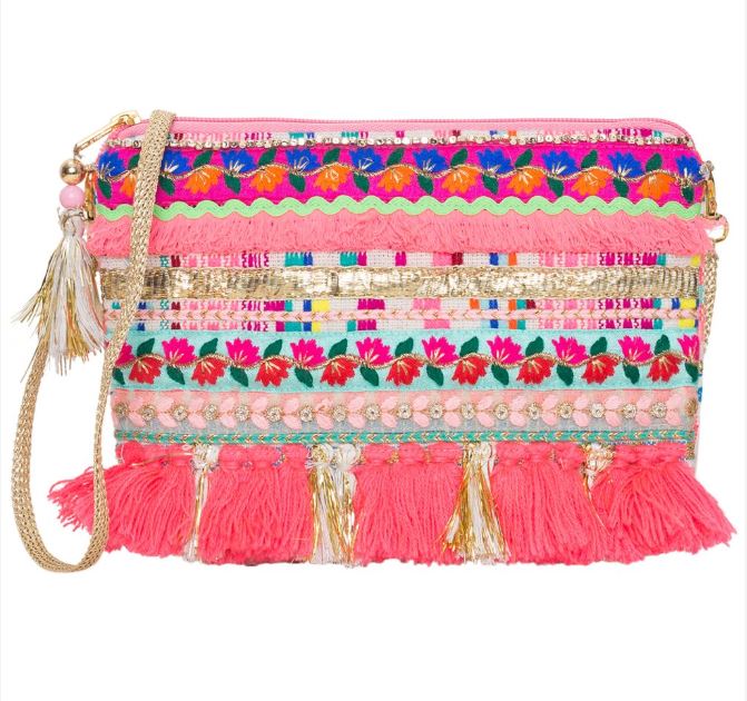 Introducing the Blue Dog Posters' Hand Woven Tutti Frutti Laces Bag, a colorful, decorative clutch purse adorned with an array of intricate patterns and textures. The design features pink fringe accents, braided details, and multicolored embroidered sections highlighted with gold accents. This charming bag also includes hand-woven fabric and a gold wristlet strap attached to one side.