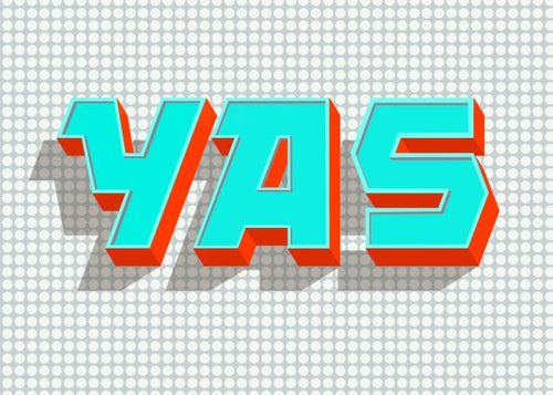 The image features the word "YAS" written in bold, 3D turquoise letters with red outlines, set against a backdrop of light grey polka dots. The letters cast a faint shadow to the left, enhancing their 3D effect. This vibrant design is perfect for Deluxe Postcard Frames or as eye-catching mini prints from the Little Art series. Introducing "Typography A5 - YAS" from Blue Dog Posters.
