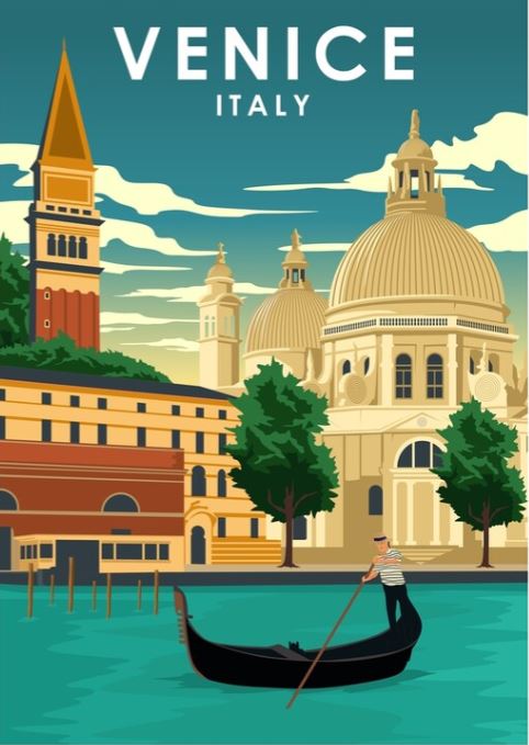 Venice by Jorn Van Hezik, offered by TAP, depicts a gondolier steering a gondola along a canal in Venice, Italy. The background showcases significant landmarks like a tall bell tower and domed structures beneath a partly cloudy sky. The canal's edges are adorned with trees and buildings, all captured in the nostalgic style of vintage advertising art prints.