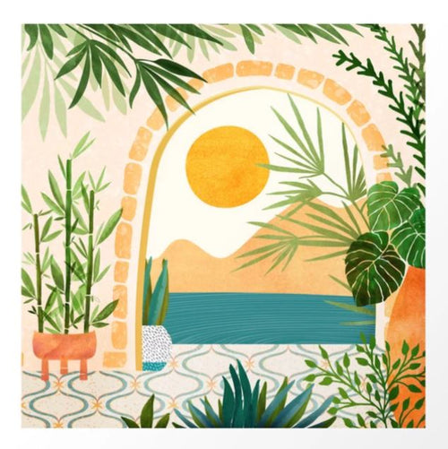 Illustration of a serene indoor scene featuring potted plants near an archway. The archway frames a view of rolling hills, water, and a large yellow sun. Greenery surrounds the area with various plant species, enhancing the tranquil atmosphere—an exquisite piece from our Gallery Series Art Print collection. Presenting "Villa View Landscape" by Modern Tropical, exclusively from Blue Dog Posters.