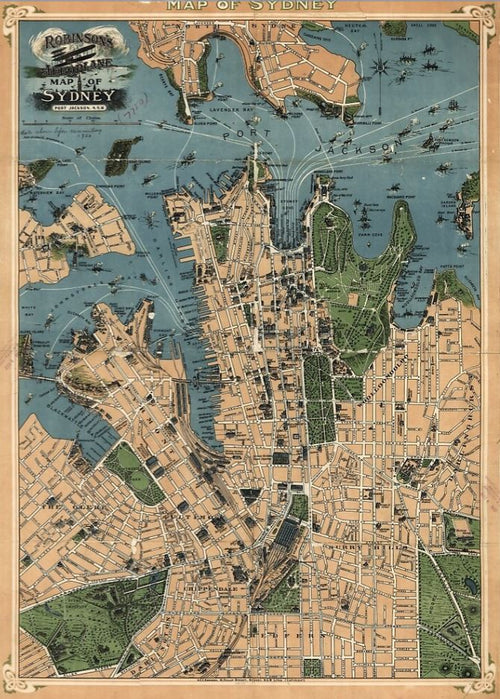 A **Vintage Map of Sydney** by **TAP**, displaying detailed streets, parks, and waterways. The map highlights Port Jackson and surrounding neighborhoods. The top of this **Vintage Map of Sydney** is adorned with decorative elements and a label reading "MAP OF SYDNEY" on an ornate background.
