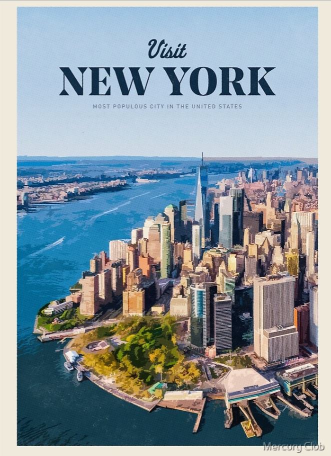 A vibrant aerial view of New York City featuring Manhattan's skyline, skyscrapers, and the iconic One World Trade Center is showcased in the TAP "Visit New York" print. At the top, reminiscent of vintage advertising art prints, the image is accompanied by the text "Visit New York - Most Populous City in the United States.