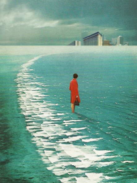 A person in a red coat stands on shallow water, carrying a bag in the surreal scene captured by "Waiting for Cities to Fade" by Frank Moth. The ocean stretches infinitely into the distance, with city buildings emerging at the horizon under an overcast sky filled with dark clouds. This art print from Blue Dog Posters encapsulates an otherworldly moment.