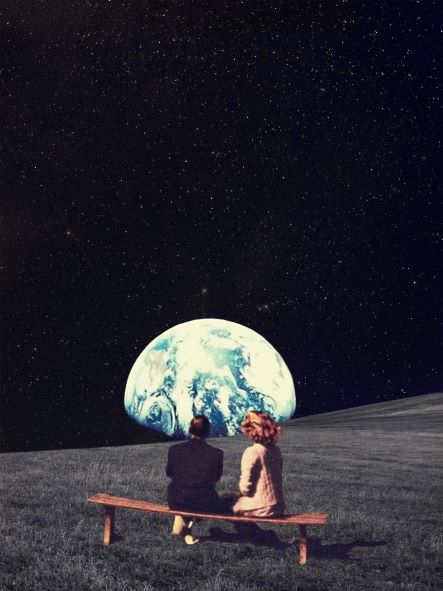 Two people sit on a bench on a grassy field during nighttime, looking up at the Earth rising over the horizon. Surrounded by a vast, starry sky, this scene blends a surreal mix of space and earth elements, characteristic of Frank Moth's style from Blue Dog Posters' "We used to Live There" featured in their Art Print series.