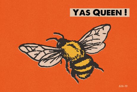 Illustration of a bee against an orange background with the phrase "YAS QUEEN!" in bold, uppercase black letters inside a beige speech bubble at the top right. The bee has yellow and black stripes with detailed wings. Perfect for adding to your Cards Collection or sending as a vibrant postcard. Signed "AM-19" at the bottom right. Introducing the Retro Animal Postcard - Yas Queen by Blue Dog Posters.