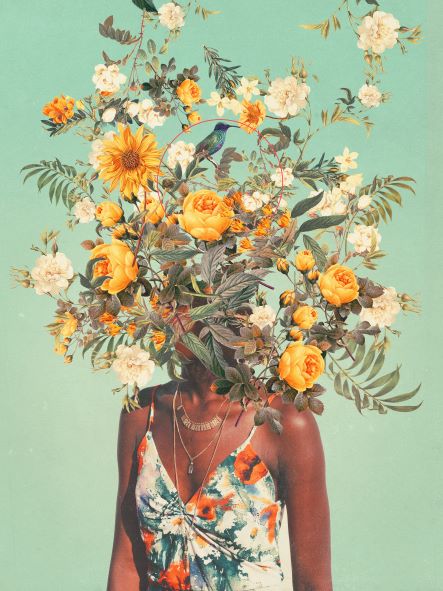 This art print, titled "A Thousand Summers Ago" by Frank Moth from Blue Dog Posters, features a digital artwork of a person whose head is replaced by a bouquet of vibrant flowers, including sunflowers, roses, and leaves against a teal background. The person wears a colorful summer dress with spaghetti straps and layered necklaces. A bird is perched among the flowers. This stunning piece is printed on high-quality 250gsm Satin Paper.
