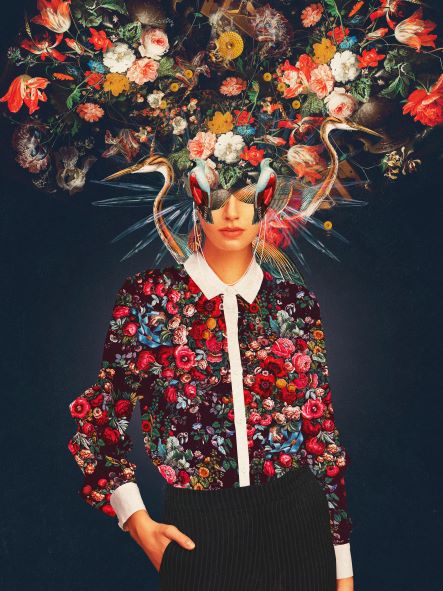 A person wearing a floral-patterned shirt stands with one hand in their pocket. They boast an elaborate, colorful headpiece made of flowers, plants, and birds. The dark background accentuates the intricate details and vibrant colors of the headpiece and shirt in this stunning "Colours That Had No Names" Art Print from the Featured Artists Collection by Blue Dog Posters and curated by Frank Moth.