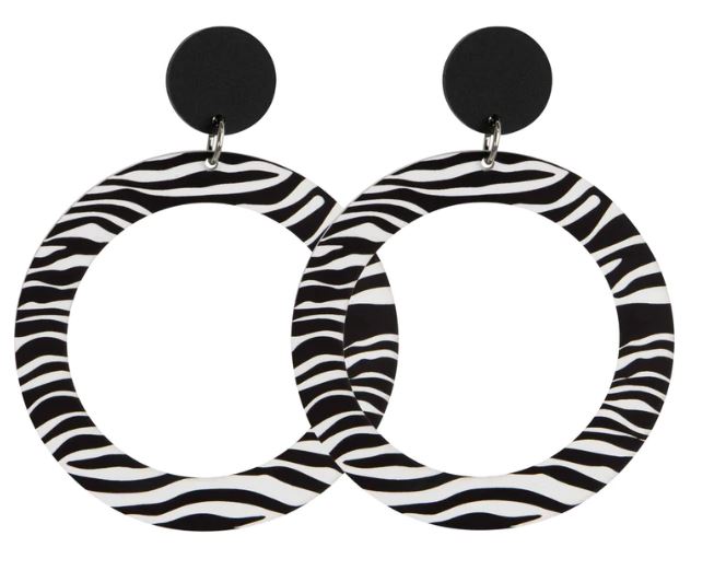 Introducing the Haus of Dizzy Zebra Print Hoop Earrings by Blue Dog Posters. Inspired by indigenous culture jewelry, these round earrings feature bold black and white wavy patterns to create a striking zebra print design. The elegant zebra-striped circles dangle gracefully from a solid black disc at the top.