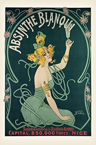 The Art Nouveau-style poster for "Absinthe Blanqui" by ALT features a woman with curly blonde hair in a green dress, holding a bottle of absinthe. The design boasts decorative elements such as floral motifs and flowing green ribbons. This alternative poster is part of the Life & Humour Collection and includes the product name and brand details.