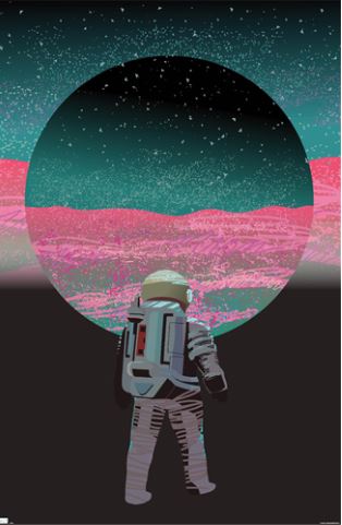 An astronaut in a spacesuit stands on a dark surface, gazing at a large, circular window displaying a vibrant cosmic scene with stars and pink-hued landscapes. The sky above is a gradient of green and blue, transitioning into the blackness of space. This stunning art poster, titled "Abstract Astronaught" by ART 055, is printed on premium 150gsm gloss paper.