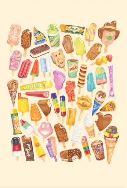 A vibrant illustration titled "50 Up: Ice Creams" by Amy Blue, featured by Blue Dog Posters, showcases a delightful array of ice cream treats and frozen desserts. The assortment includes popsicles, ice cream bars, cones, and novelty shapes in various flavors, colors, and textures set against a light beige background as part of the Featured Artists Collection.