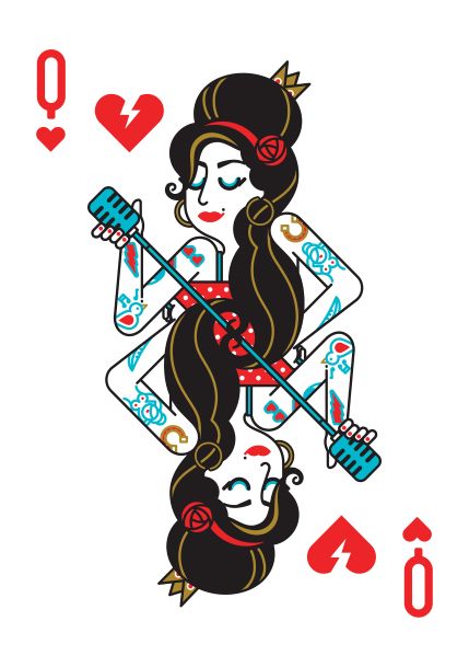 Illustration from the Little Art series of a stylized Queen of Hearts playing card, featuring a woman with tattoos holding a microphone. She has dark hair with a red rose and gold crown, dressed in a red outfit. The design is mirrored vertically, ideal for Mini Prints and Deluxe Postcard Frames.
Product Name: Amy Winehouse by Dario Genuardi A5 Brand Name: Blue Dog Posters