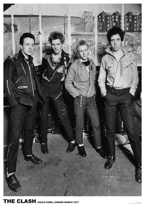 Black and white image of four men standing in front of a painted urban backdrop. They are wearing casual, punk-style clothing. The text at the bottom reads: "THE CLASH CHALK FARM, LONDON MARCH 1977." Perfect for any rock poster collection, The Clash by MUS 088 is a must-have for fans.