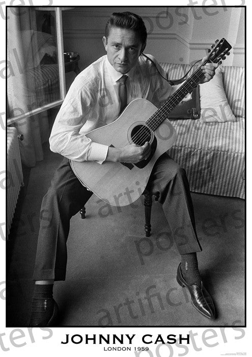 Johnny Cash - London 1959 by MUS: Black and white poster of Johnny Cash on a bed with guitar, wearing a white shirt, tie, and dress pants. "JOHNNY CASH LONDON 1959" at the bottom. Printed on premium gloss paper for a striking look.
