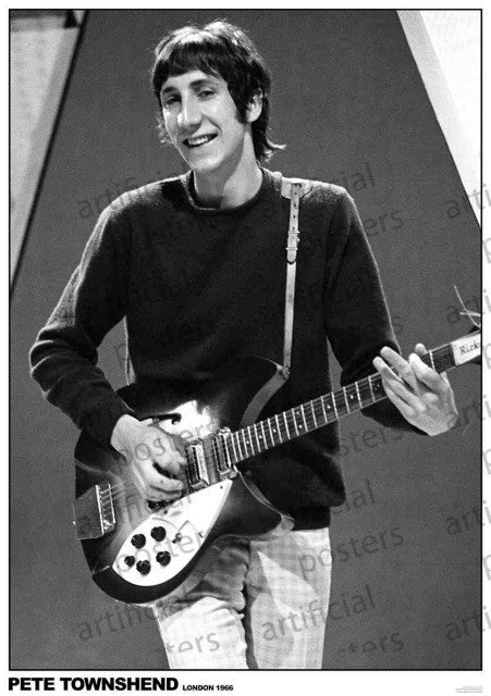 Black and white photo of Pete Townshend smiling while playing electric guitar on stage, dressed casually. Product: Pete Townshend - London 1966 by MUS 023.