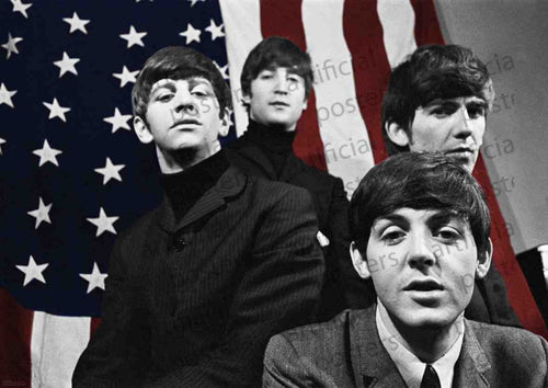 Four men in suits pose in front of an American flag, reminiscent of a classic rock poster. Three are standing and one is crouching in the foreground. They all have similar hairstyles with thick fringes, adding to the serious and contemplative mood of this striking image from "The Beatles First US Tour" by MUS 130.