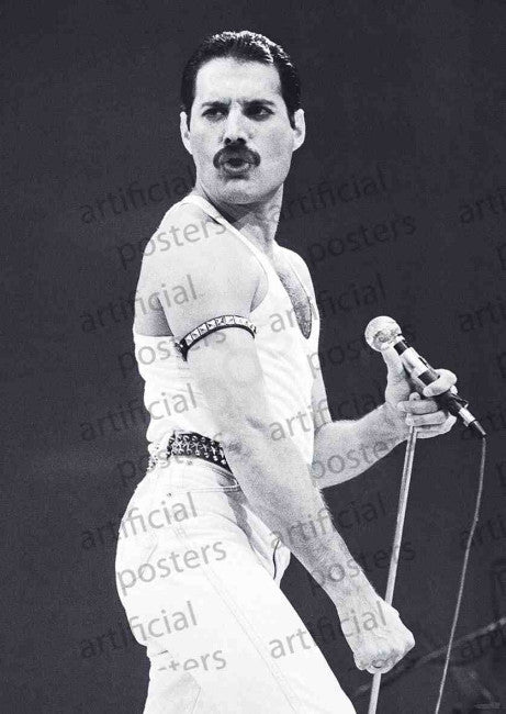 A person with a mustache and short hair is holding a microphone stand, striking a dramatic pose reminiscent of the Freddie Mercury Live AID poster from the classic MUS 057 collection. They are wearing a sleeveless outfit paired with armbands and gazing intensely ahead. The image features a repeated watermark that reads "artificial posters" in the background.