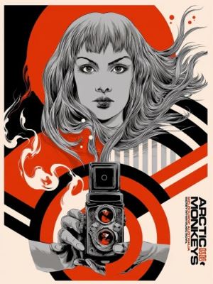 Introducing the "Arctic Monkeys Red" by Blue Dog Posters – an illustrated poster showcasing a woman with flowing hair clutching a vintage camera. The striking background features bold red, black, and white geometric shapes. Prominently displayed on the right side is the text "Arctic Monkeys Melbourne 2023 Tour Print." This limited edition silk print is exquisitely crafted on matte art paper.