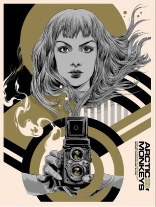 Arctic Monkeys Gold by Blue Dog Posters is a Limited Edition Silk Print illustrated poster. It showcases a woman's face with flowing hair, beneath which sits a vintage camera emitting swirls and abstract lines. The text 'Arctic Monkeys Melbourne 2023 Tour' appears on the right side, all rendered in black, white, and gold tones.