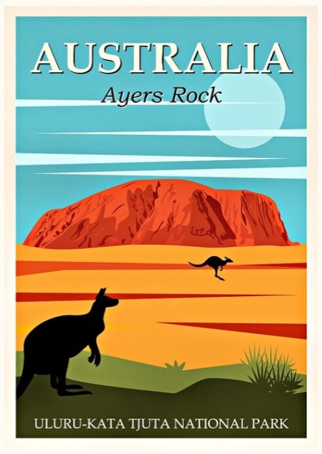 A stylized travel poster featuring Australia's Uluru Kata Tjuta National Park with Ayers Rock in vibrant reds and oranges under a bright blue sky. Two kangaroos, one in the foreground and the other in the midground, highlight the natural setting. This vintage advertising art print reads "Australia Ayers Rock" and "Uluru-Kata Tjuta National Park," brought to you by TAP.
