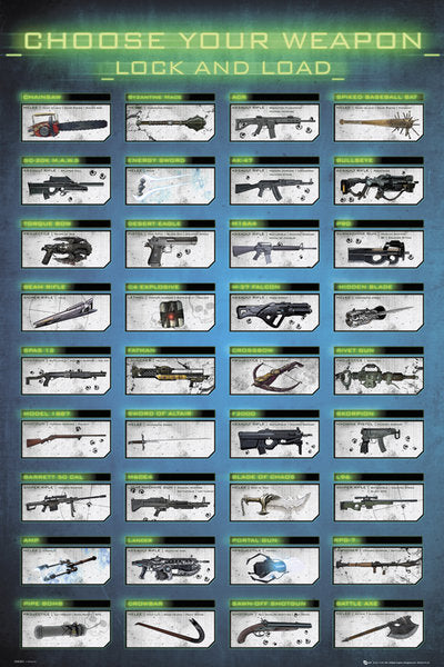 A premium 150gsm gloss paper poster from GAM 065 titled "Choose Your Weapon" showcases an array of 30 fictional weapons arranged in a grid. Each weapon is illustrated with images and descriptions, mimicking a video game selection screen—a must-have addition to any gaming collection.