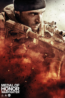 Cover art for the video game "Medal of Honor" showing a soldier in combat gear, holding a rifle, and partially obscured by dust and smoke. The soldier wears a headband and has an intense, focused expression. Printed on premium 150gsm gloss paper for your gaming collection. Game title and logo are at the bottom left from GAM 035.