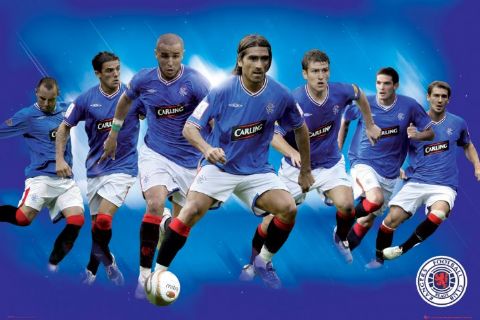 A group of seven soccer players in blue jerseys and white shorts are running on the field against a blue background. Most jerseys display the sponsor "Carlsberg." The players appear focused on the game. The Rangers F.C. logo is visible in the lower-right corner of this premium gloss paper Rangers FC from our SPO 032 Sport Collection.