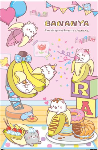 A delightful illustration inspired by Japanese animation showcasing several cats playfully emerging from bananas in a whimsical setting. The pastel-colored background is adorned with musical notes, food items, and scattered toys. Featuring the text "Bananya Party" by KID 011, this charming design would make an adorable anime poster printed on premium gloss paper.