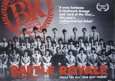An IMP premium 150gsm gloss paper movie poster for "Battle Royale" features a large group of uniformed students posing solemnly against a dark background. Large red text at the top reads "BR." Quotes from critics and the movie title are prominently displayed, along with a tagline that asks, "Could you kill your best friend?