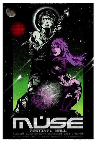 A futuristic, comic book-style poster by Rhys Cooper features a dark armored figure and a purple-haired woman against a space-themed background with stars, planets, and green nebulae. This Muse Red Hot Melbourne 2007 Silk Screen Print from TAP promotes the Muse Festival Hall event, highlighting dates and special guests at the bottom.
