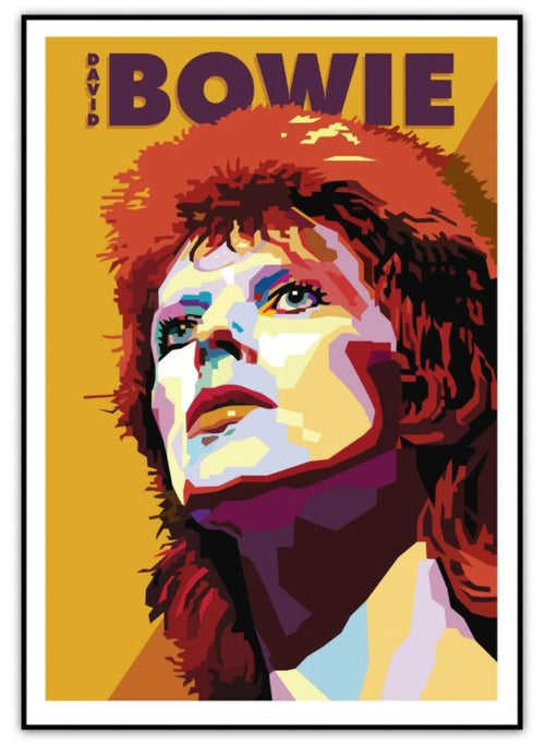 A stylized, colorful pop art portrait of a person with vibrant orange and red hair. The background is yellow, and their upward-gazing face is depicted in bold, contrasting shades. This premium quality giclee print features "David Bowie - Ziggy Giclee Print" written in purple on the top left corner, part of our Tour Prints Collection by TAP.