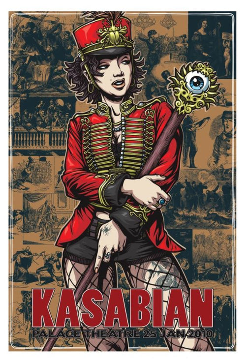 This limited edition poster promotes a Kasabian concert at the Palace Theatre on January 25, 2010. Designed by Daymon Greulich, it features a woman in a red military-style jacket and hat, holding a staff with an eye ornament, against a backdrop of vintage-style illustrations—a must-have for any Kasabian The Palce St Kilda Ltd Edition.