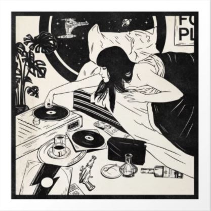 A retro black-and-white illustration by Natalija Novakovic titled "Books About UFOs" from GAL43 captures a woman in bed reaching for a record player amid record players, plants, drinks, and sci-fi wall art. Ideal as an Urban Art Print from the Gallery Series, it embodies music and relaxation.