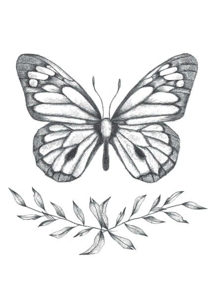 Black and white sketch of a butterfly with intricate wing patterns. Below the butterfly, a branch with detailed leaves is sketched. The artwork, "Butterfly by Olivia A5 Print" from the A5 brand, is set against a plain white background. Perfect for Deluxe Postcard Frames or as Mini Prints.