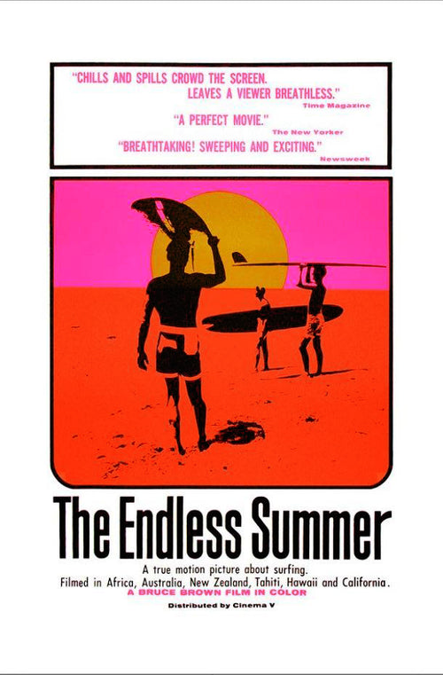 This classic film poster is for the movie "The Endless Summer." It features silhouetted surfers holding boards against a vibrant pink and orange sunset backdrop. Printed on 250gsm Satin Paper, the A3 poster includes praise from publications and film details at the bottom. The product name is "The Endless Summer" by brand Y.