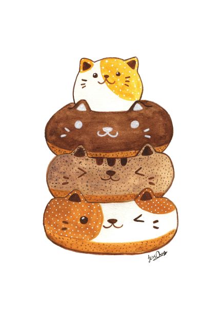 Illustration of four stacked plush toy cats in different colors: the top cat is white and orange, the second is brown, the third is beige with spots, and the bottom cat is white with orange spots. Each cat features cute, simplistic facial expressions with closed eyes. This charming design is perfect for Blue Dog Posters' "Cat Doughnuts by Jess Chen A5" collection from their Little Art series mini prints.