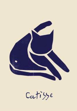 A minimalist, abstract illustration by Nia Gould titled "Catisse Blue," featuring a navy blue cat reclining with an outstretched paw and tail on a beige background. Below the cat, the text "Catîsse" is written in a playful font. Part of our fap Featured Artists Collection, this A3 art print is printed on high-quality paper for lasting beauty.