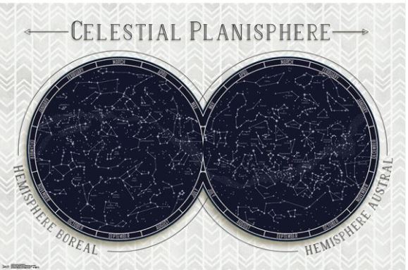 Introducing the Celestrial Planisphere by EDU 061, featuring detailed star constellations for both the Northern Hemisphere (Hemisphere Boreal) and Southern Hemisphere (Hemisphere Austral). The background is adorned with a subtle herringbone pattern, making it ideal for nature poster enthusiasts or as an addition to a large regular poster collection.