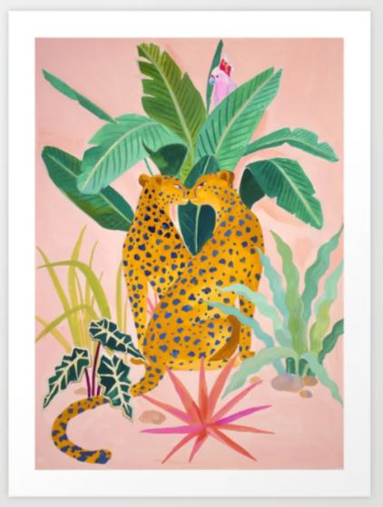 Illustration of two cheetahs sitting and touching heads, surrounded by large green tropical leaves and assorted plants. The background is a soft pink color. This vibrant art print, "Cheetah Crush" by Sun Lee Art, is part of GAP's Gallery Series and is perfect for adding a touch of nature’s elegance to any space.