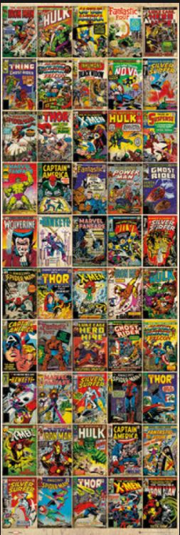 The Marvel Comic Covers Door Poster by Blue Dog Posters showcases a grid collage of 56 vintage comic book covers, featuring iconic superheroes and titles. Notable characters such as Hulk, Spider-Man, Wolverine, Thor, Captain America, Iron Man, and Black Panther are prominently displayed. Each cover boasts vibrant and dynamic artwork.