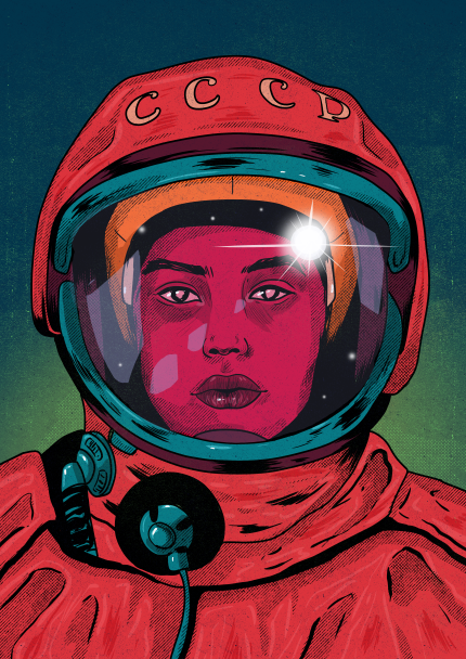 Illustration of a person wearing a red space helmet and suit, with the letters "CCCP" on the helmet. The visor reflects a bright light, and the person appears to be looking directly ahead with a neutral expression. Part of our Featured Artists Collection, "Anya Shcherban - Cosmonaut" Art Print by Blue Dog Posters comes on premium quality art paper.