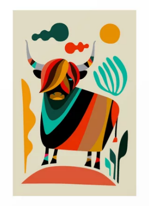 A colorful, abstract illustration by Rachel Lee of a bull with long, curved horns and a vibrant, patchwork pattern in shades of orange, blue, red, and yellow. The scene includes stylized plants, a yellow sun, and whimsical clouds on a light background. Part of the Highland Cow by Rachel Lee collection from fap.