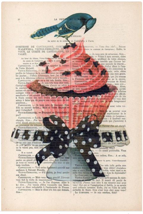 An artistic collage features the Antique Book Print 15x21cm Cup Cake Bird by ABP. Overlapping an antique French book page as a background, the cupcake is adorned with a blue bird perched on top and a dotted black ribbon wrapped around the base.