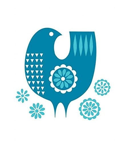 Introducing the Daisy Bird - Roddy & Ginger by MEZ: a stylish blue bird illustration with a Scandinavian design. The bird showcases a circular floral pattern on its body, triangle patterns on its wing, and teardrop shapes on its tail. Surrounding the bird are complementary geometric floral designs in blue and white. Perfect for an art print sale!