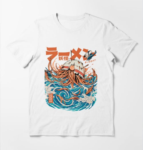 The Great Ramen off Kanagawa T-shirt from Blue Dog Posters features a striking illustration of a giant bowl of ramen with an octopus emerging from within. Waves encircle the bowl, while a flying spaceship soars in the top right corner. Bold, red Japanese text adds to the unique design of this cool white artist T-shirt, available in medium size.