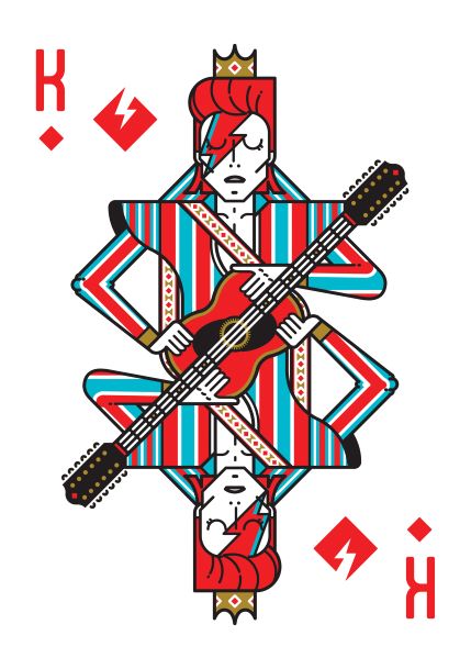Illustration of a playing card from the Blue Dog Posters collection featuring David Bowie by Dario Genuardi A5. The character, depicted in vibrant red, blue, and white, holds an electric guitar and has a distinctive lightning bolt on their face and hair. The design has a mirrored, symmetrical layout.