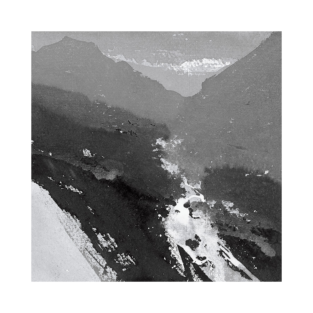 A grayscale painting in our Decor Series depicts a mountainous landscape with distant peaks fading into the horizon. A river winds through the valley below, reflecting light. The premium quality image, Cairndow - David Ross by Blue Dog Posters, has a textured, almost impressionistic feel, with loose brushstrokes and contrasting dark and light areas.